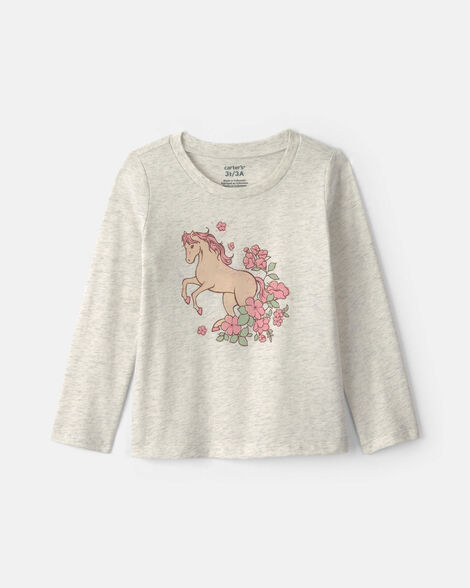 toddler girl horse long-sleeve graphic tee - grey