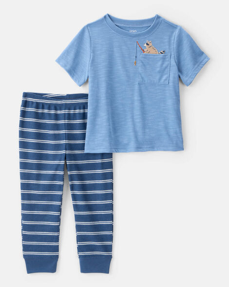 Product image 1 of Toddler Boy 2-Piece Fishing Raccoon Loose Fit Pajamas - Blue