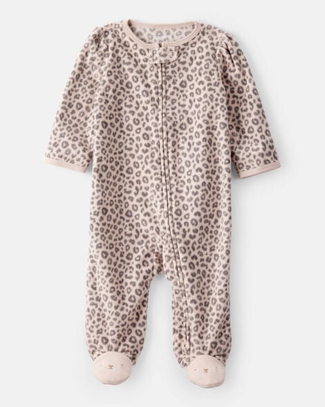 baby girl leopard print loose fit long-sleeve sleep & play pajamas - cream/brown