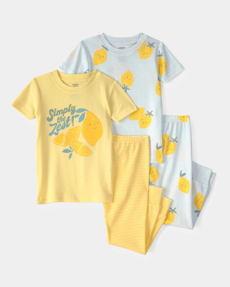toddler girl lemon 100% cotton snug fit 4-piece pajama set - blue/yellow
