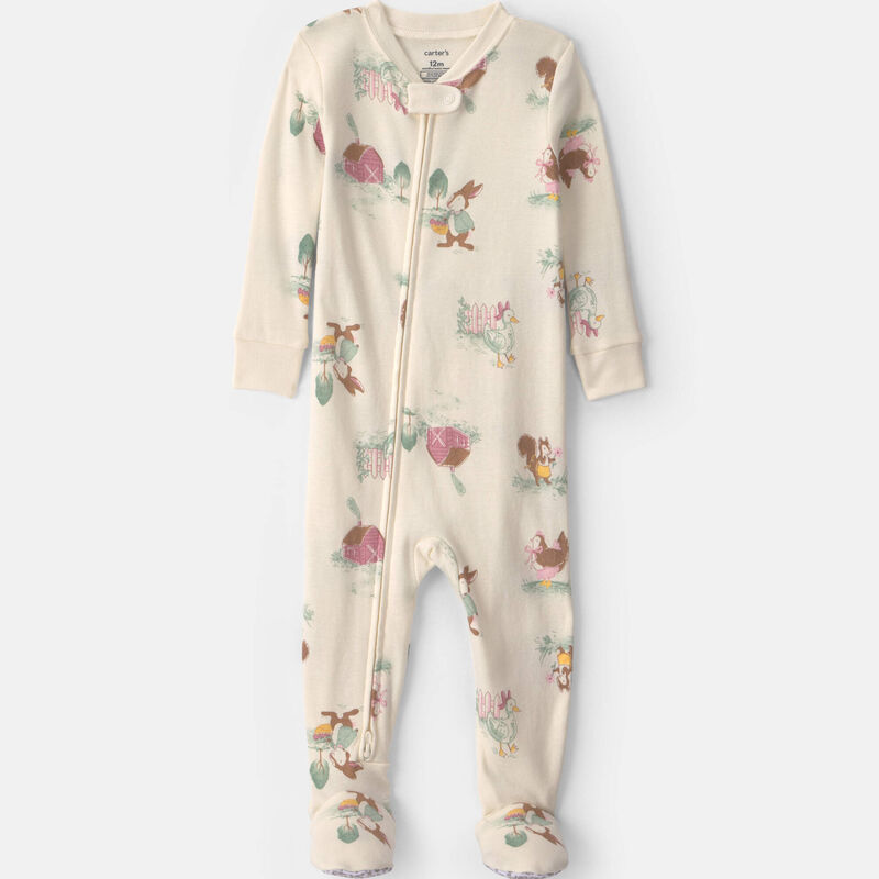 Baby Girl 1-Piece Country Farm 2-Way Zip 100% Cotton Snug Fit Footed Pajama - Cream