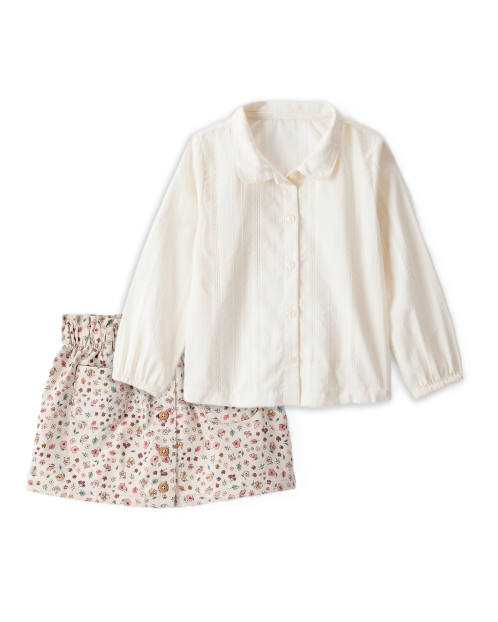 Toddler Girl 2-Piece Long-Sleeve Button-Down Top & Floral Print Cotton Skirt Set - Multi
