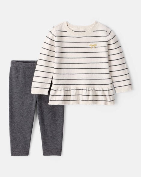 baby girl bow striped long-sleeve tee & pant set - white/grey