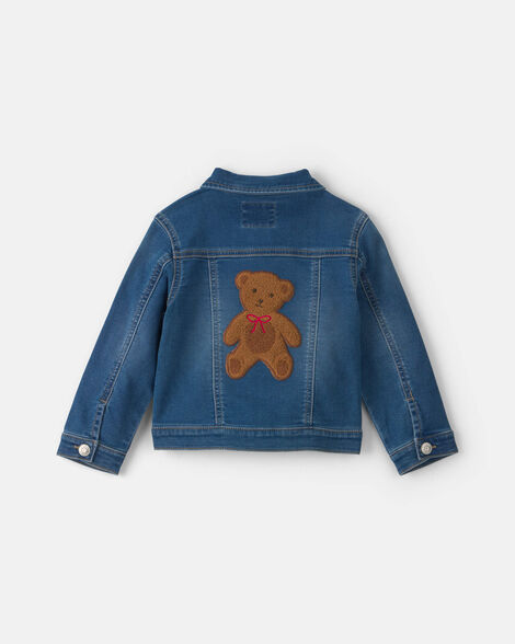 Toddler Girl Bear Denim Jacket - Medium Wash