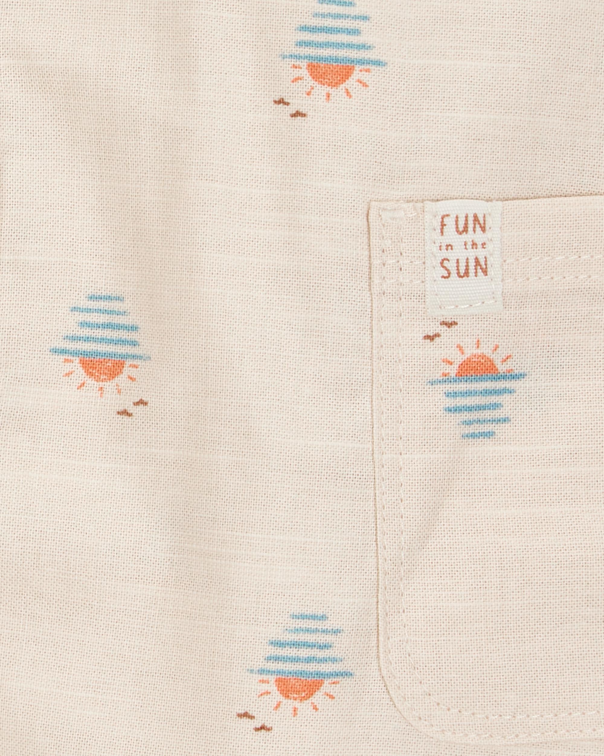 Baby Boy Button-Front Sunset Print Sleeveless Romper - Tan