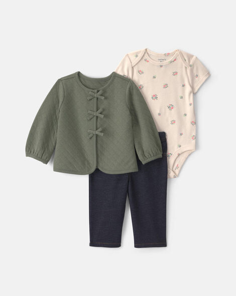 baby girl 3-piece quilted french terry layering set - olive green/cream