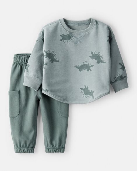 baby boy dinosaur french terry long-sleeve tee & pant set- green/grey