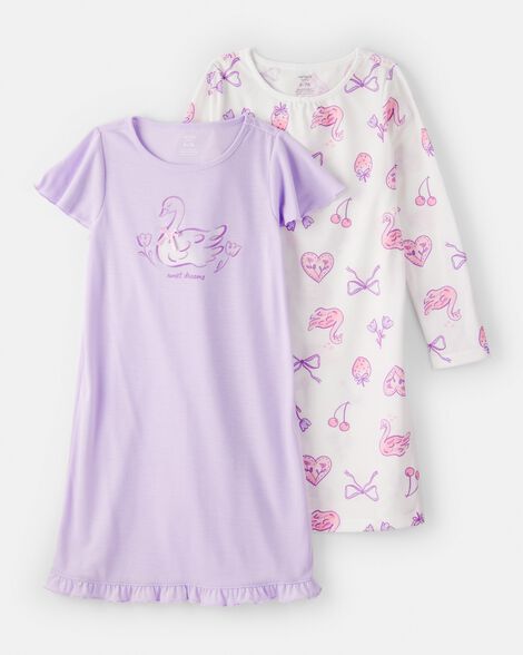 girls swan floral loose fit night gown - purple/white