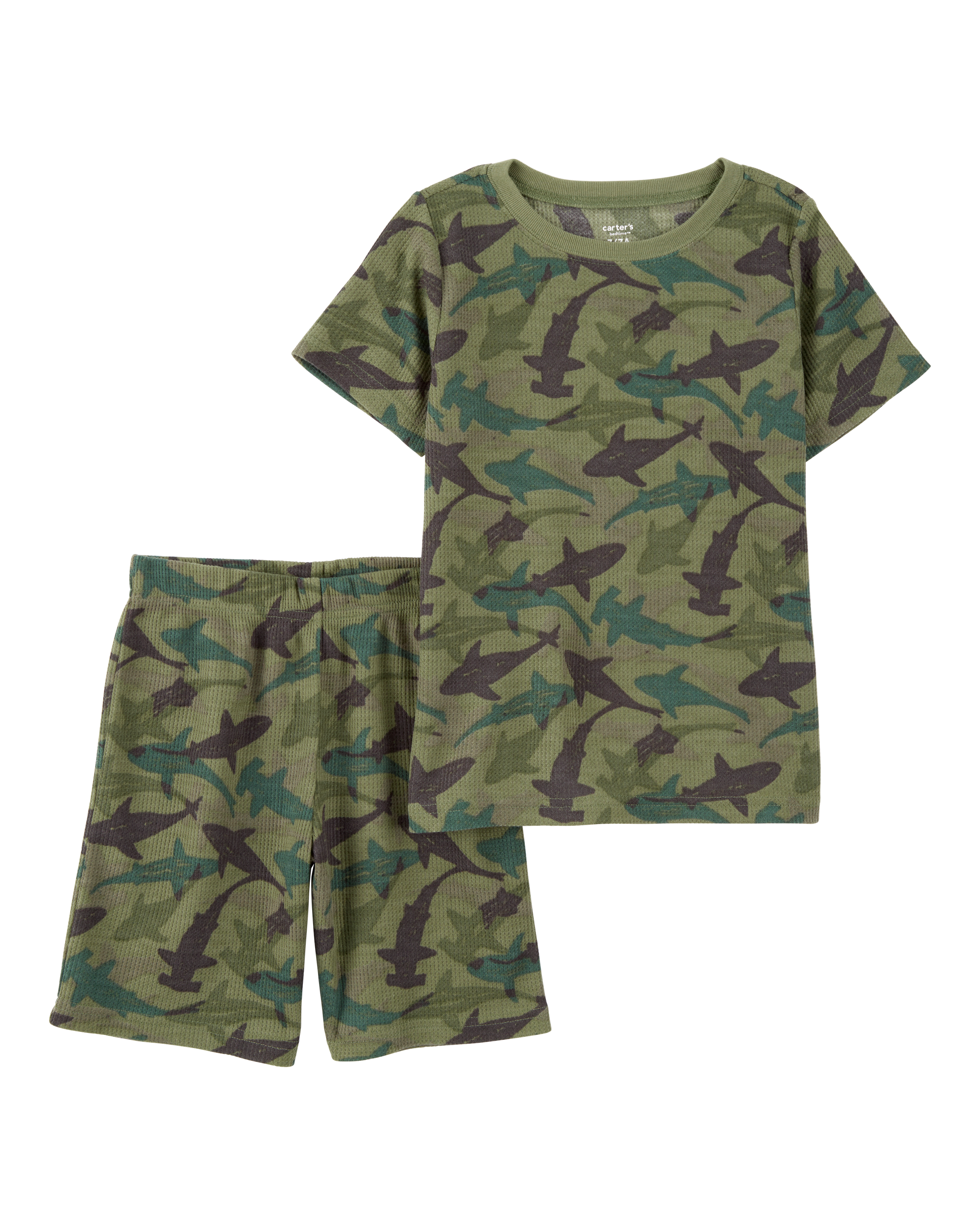 Boys Shark Print Loose Fit Waffle Knit 2-Piece Pajamas - Green