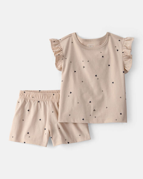 toddler girl 2-piece heart top & short set - brown