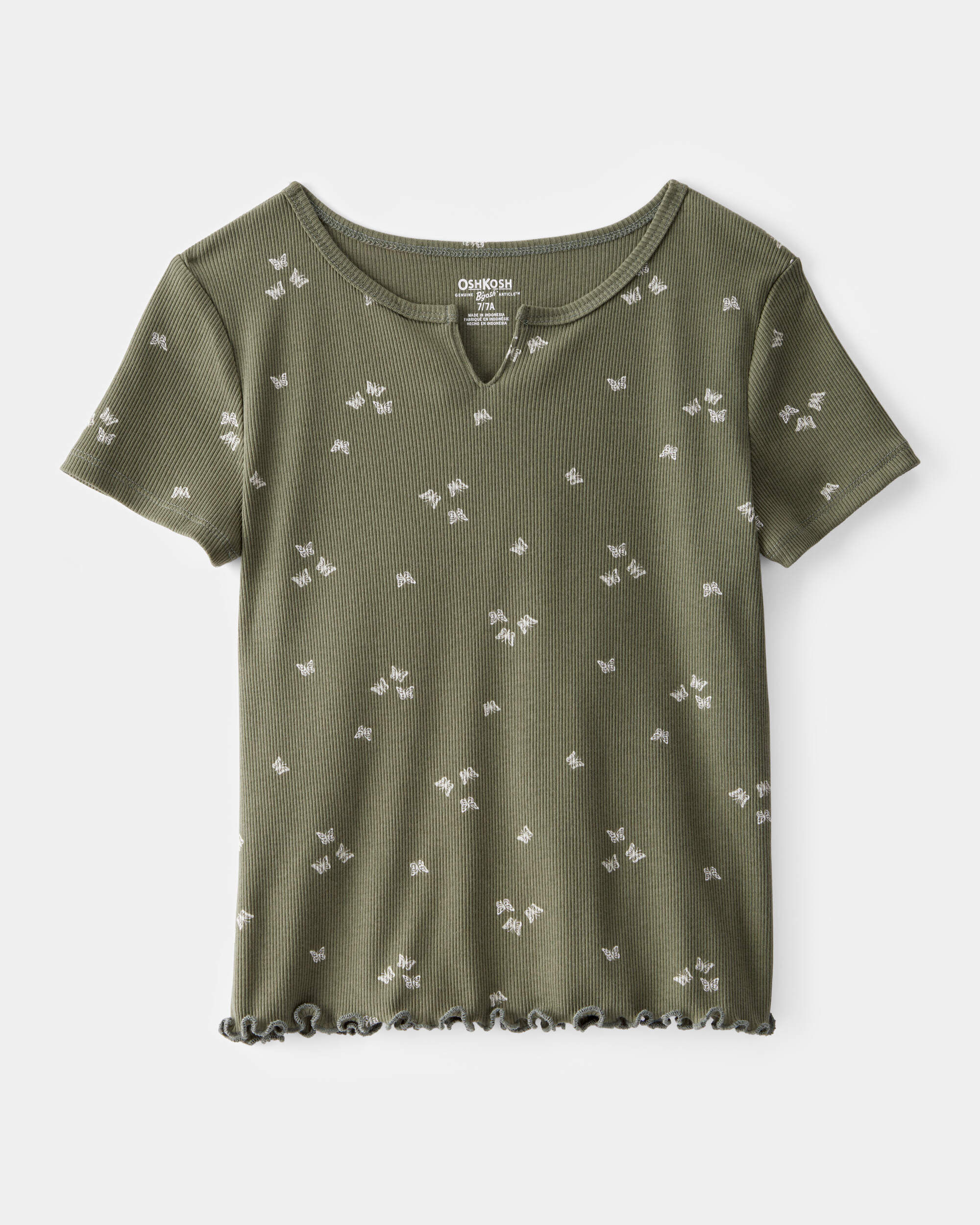 Girls Butterfly Print Ribbed Short-Sleeve Shirt - Olive
