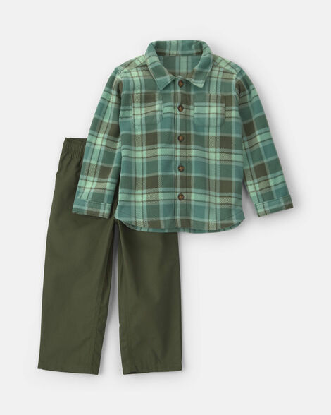 baby boy 2-piece plaid fleece jacket & pant set - green