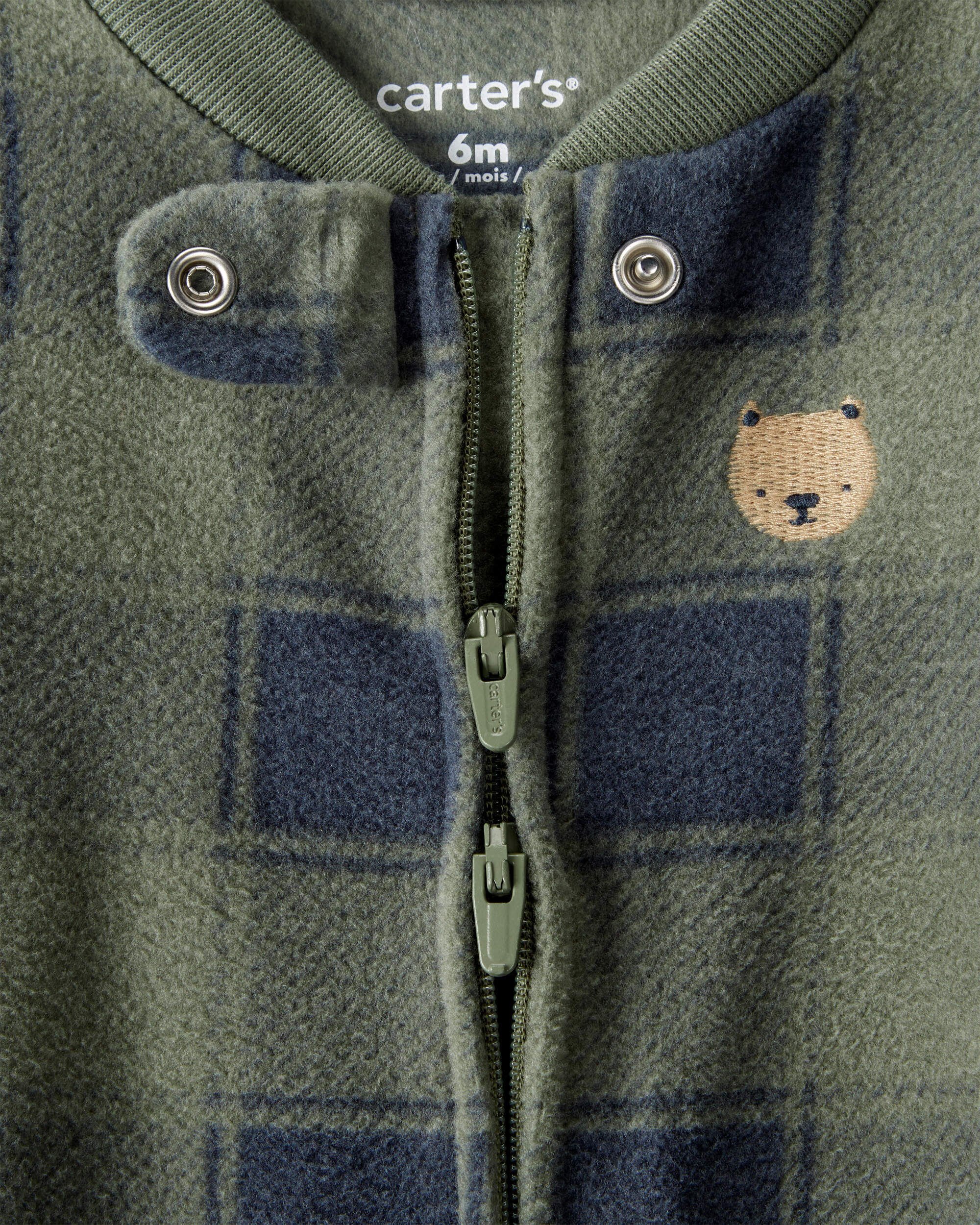 Baby Boy Bear Plaid Print Fleece Loose Fit Long-Sleeve Sleep & Play Pajamas - Green
