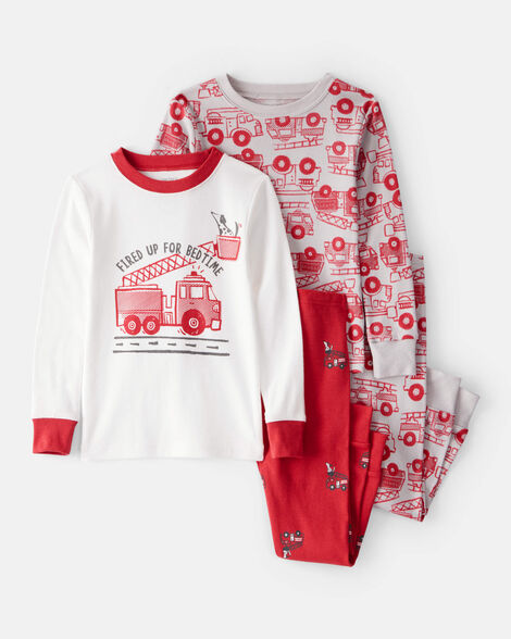 baby boy firetruck print 100% cotton long-sleeve 4-piece pajamas - red/white