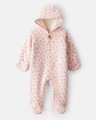 Baby Girl Sherpa Long-Sleeve Hooded Jumpsuit - Pink