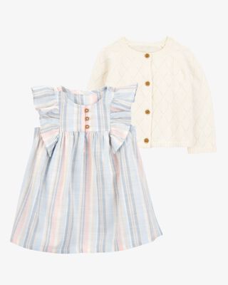 Product image 1 of Baby 2-Piece Striped Flutter Sleeves Dress & Cardigan Set
