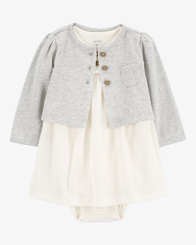 Product image 1 of Baby Girl 2-Piece Bodysuit Dress & Cardigan Set - Grey/White