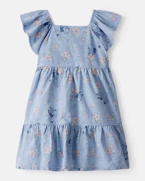 baby girl bluey floral print denim dress - blue