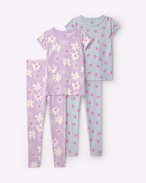 girls 4-piece flower & strawberry cotton pajama set - purple/blue