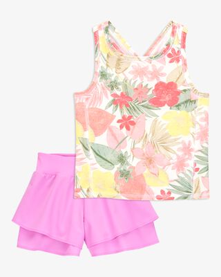 Product image 1 of Kid 2-Piece Floral Active Racerback Tank & Flowy Layered Flip Short Set - Pink/Yellow