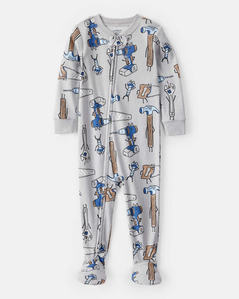 baby boy construction print 100% cotton long-sleeve snug fit 1-piece pajamas