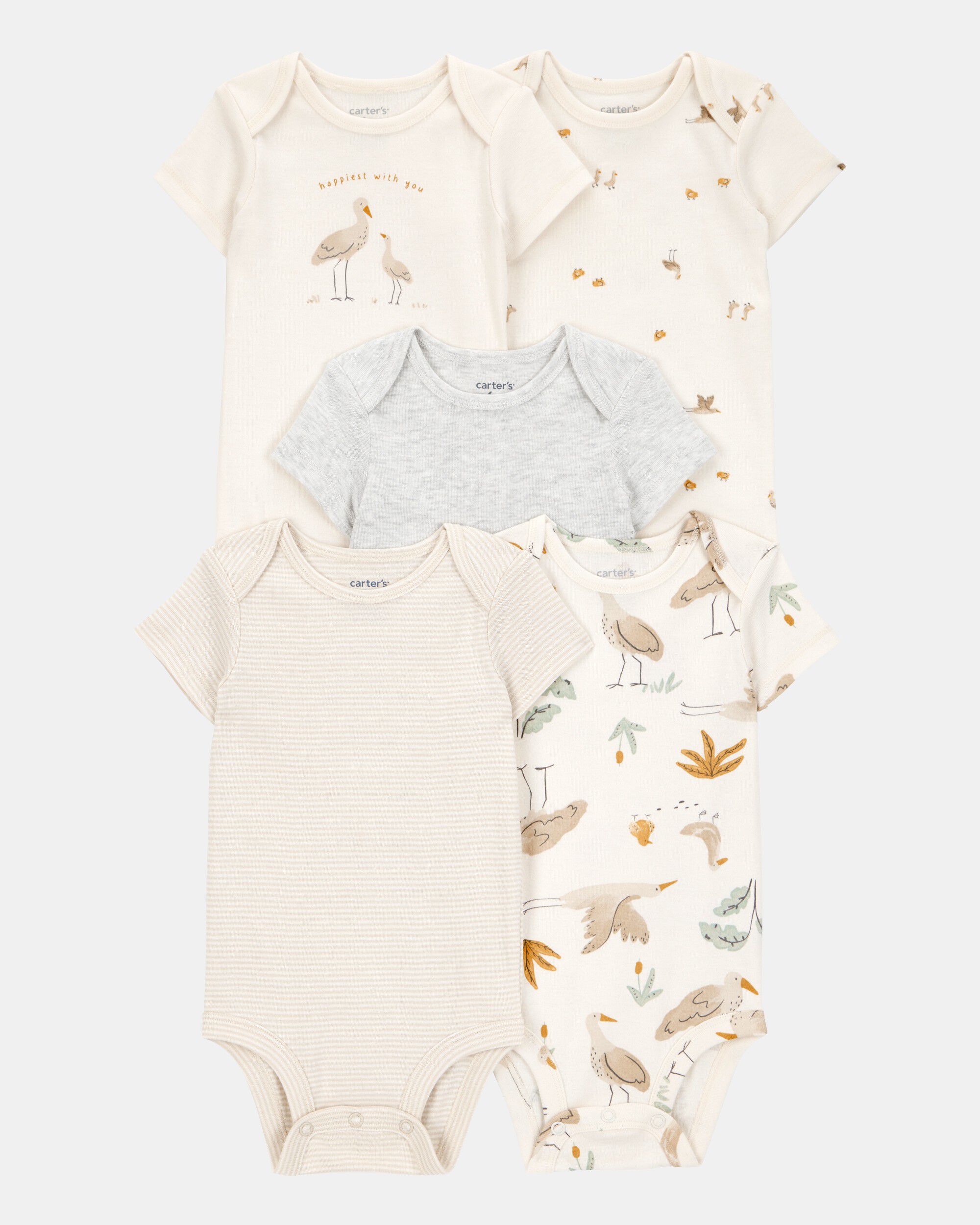 Carters baby 5-pack striped birds short-sleeve cotton bodysuits 12M Ivory 18$