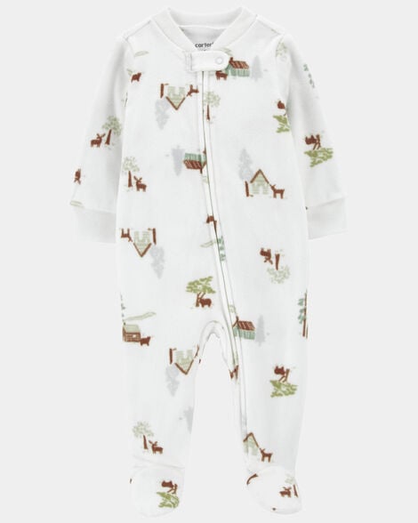 baby boy barn print fleece sleep & play pajamas - white