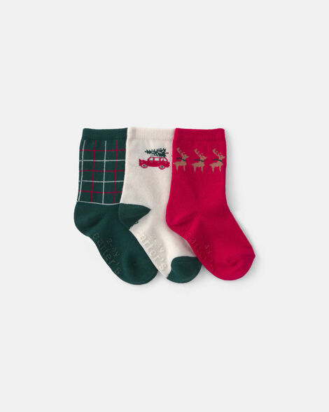toddler boy 3-pack christmas crew socks - red/green/cream