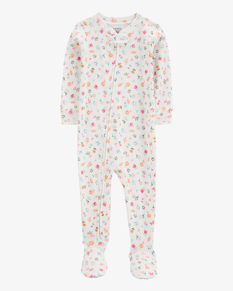 baby girl floral print snug fit cotton footie 1-piece pajamas - ivory