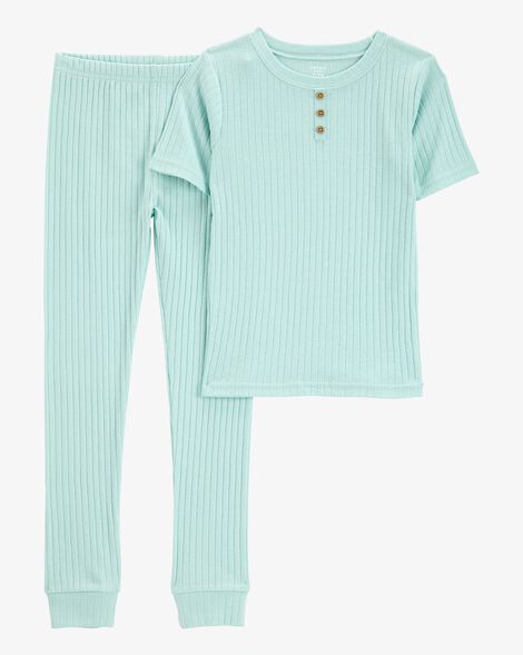 Product image 1 of Kid Solid Ribbed Cotton Blend 2-Piece Pajamas - Teal