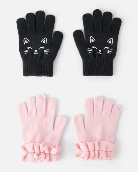 girls 2-pack cat winter gloves - black/pink