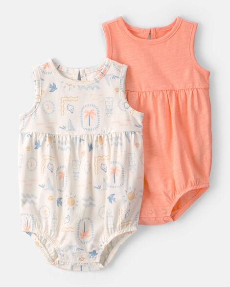 baby girl 2-pack beach cotton bubble rompers - orange/ivory