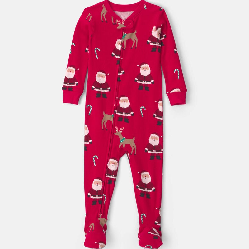 Baby 1-Piece Beige Santa Christmas 2-Way Zip 100% Cotton Snug Fit Footed Pajama - Red