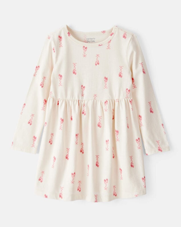 Product image 1 of Toddler Girl Ballet Slipper Print Long-Sleeve Dress - Ivory