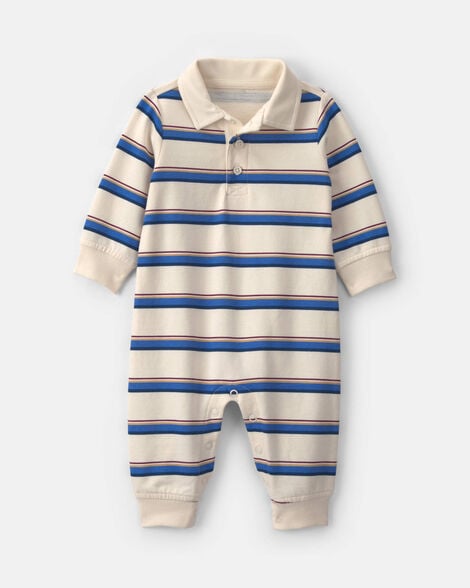 baby boy striped french terry long-sleeve jumpsuit - blue/cream