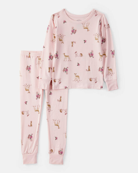 toddler girl deer & floral print purelysoft long-sleeve 2-piece pajamas - pink