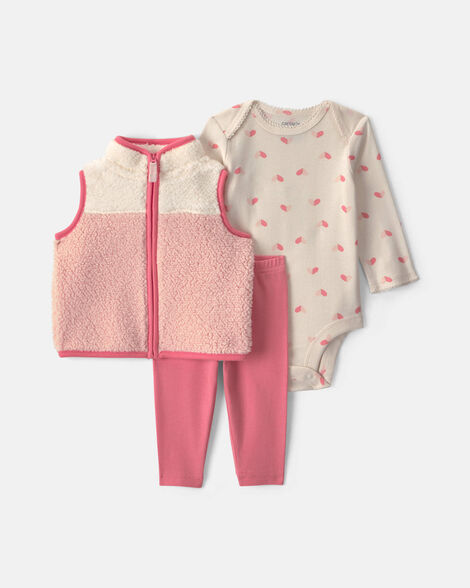 baby girl 3-piece color block teddy fleece layering set - pink