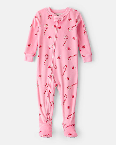 baby girl peppermint print dreamplush long-sleeve snug fit 1-piece pajamas - pink