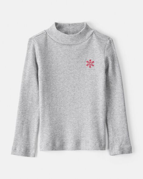 toddler girl snowflake mock neck rib top - grey