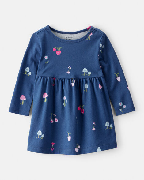 baby girl mushroom print long-sleeve cotton dress - blue