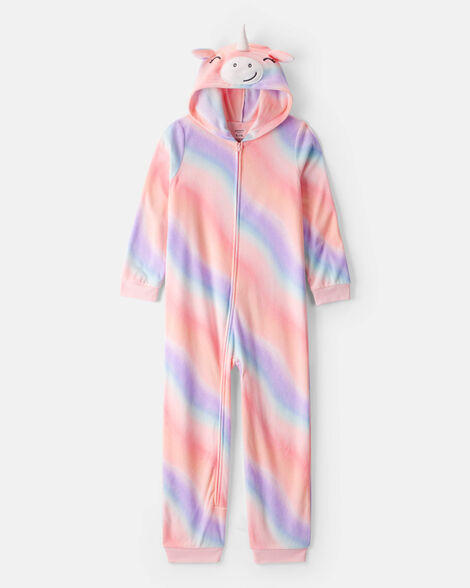 girls unicorn fleece hooded zip-up 1-piece pajama jumpsuit - pink