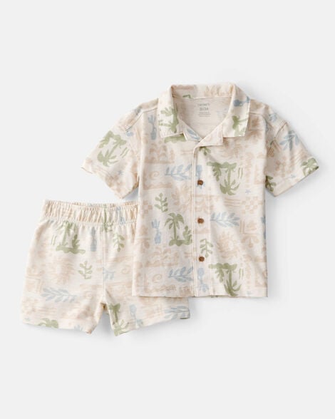 toddler boy 2-piece palm tree tropical top & short set - cream
