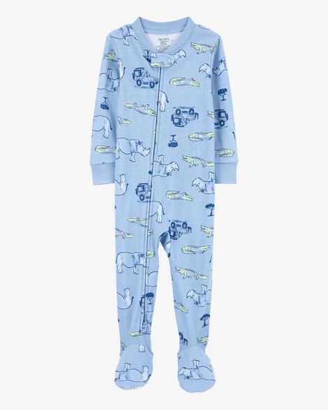  Product image 1 of Baby Safari Print Snug Fit Cotton Footie 1-Piece Pajamas - Blue
