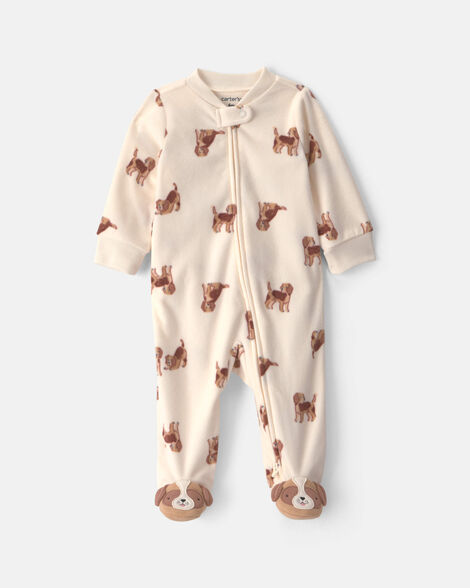 baby boy dog fleece 2-way zip sleep & play pajamas - cream