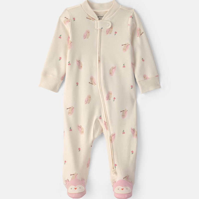 Baby Girl Owl 100% Cotton 2-Way Zip Sleep & Play Pajamas - Cream