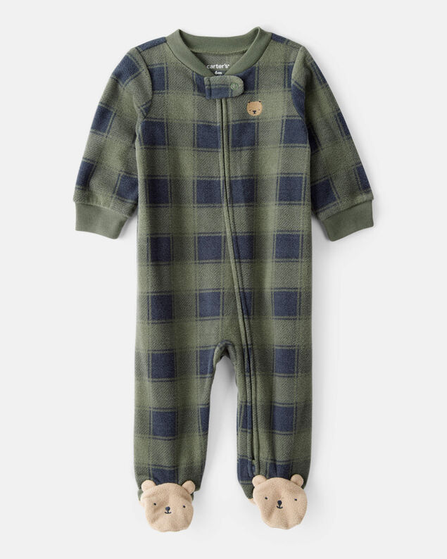 Product image 1 of Baby Boy Bear Plaid Print Loose Fit Long-Sleeve Sleep & Play Pajamas - Green