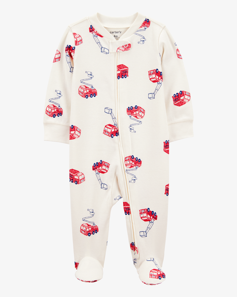 baby boy fire truck print 2-way zip cotton sleep & play pajamas - cream