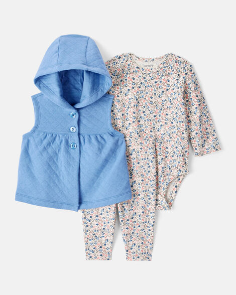 baby girl 3-piece floral sleeveless vest & pant set - blue