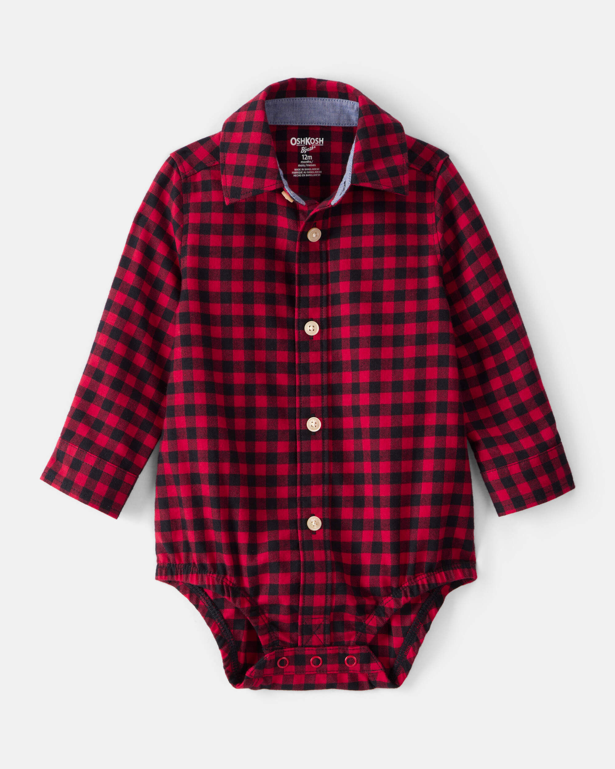 Baby Boy Plaid Cotton Long-Sleeve Button-Down Fashion Bodysuit - Red