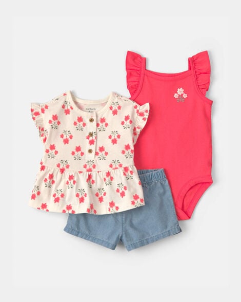 baby girl 3-piece floral top & short set